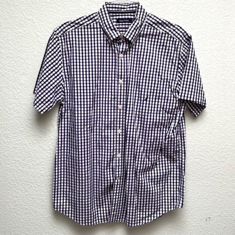 Nautica Shirt Mens Large Blue White Button Up Short Sleeve Classic Fit Plaid